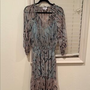 Veronica M Long Sleeve Feather Print Dress - Blue and Black